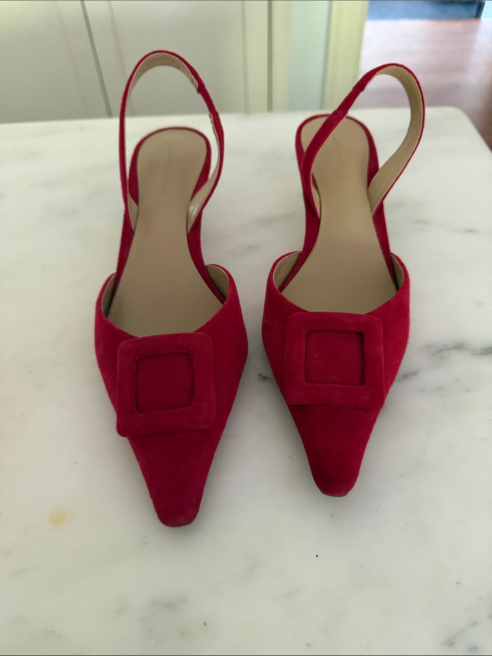 Ann Taylor Red Suede Pointed Slingback Flats with Decorative Buckle